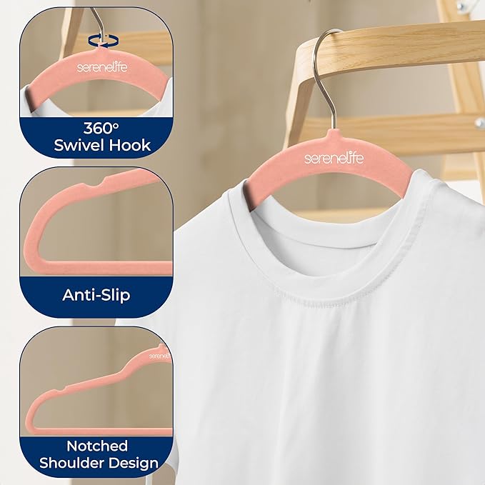 SereneLife 30 Pcs Pink Velvet Clothes Hangers - Non-Slip, Heavy Duty Hanger Set with 360° Swivel Hook, 10 lbs Weight Capacity, Lightweight, Ultra-Thin, Wrinkle-Free, Perfect for Closet Organization