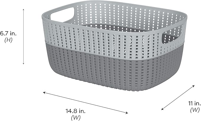 Simplify 2 Tone Sailor Knot Plastic Storage Tote | Decorative Basket | Closet Organization | De-clutter | Accessories | Toys | Bathroom Organization | Large | Grey/Grey