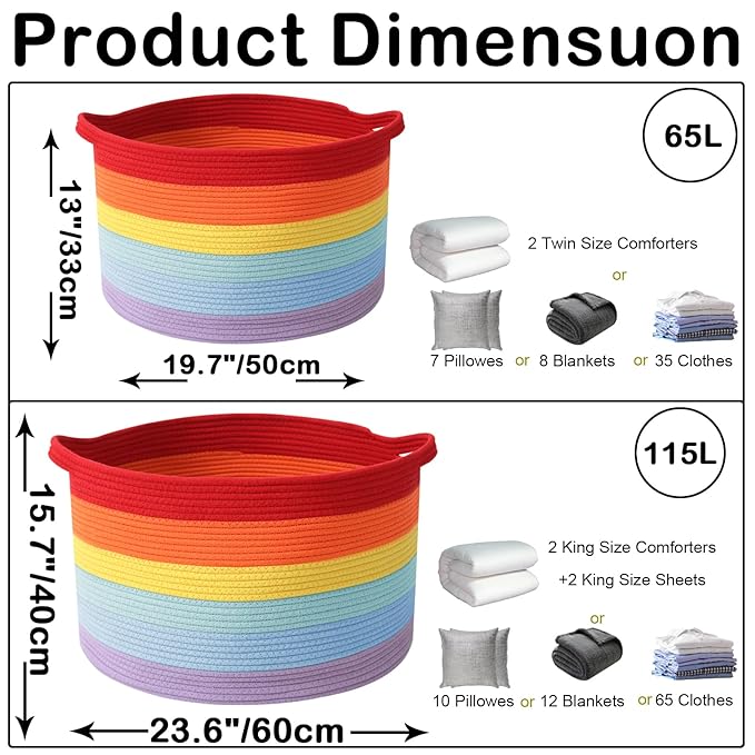 65L Large Blanket Basket,19.7" L x 19.7" W x 13" H Rope Woven Baskets with Handles, Toys Storage Bins,Laundry Basket Perfect for Living Room, Nursery,Bedroom,Home Organization,Rainbow