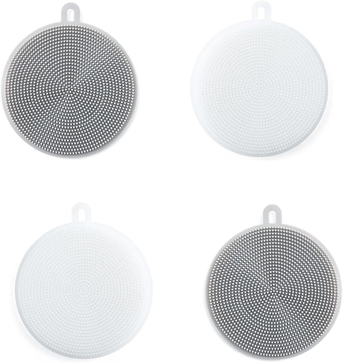 4PCS Silicone Dish Scrubber, Multipurpose Round Silicone Sponges Reusable Dish Brush Dish Brush for Kitchen Dish Dishes Fruits Vegetables(Gray+White)