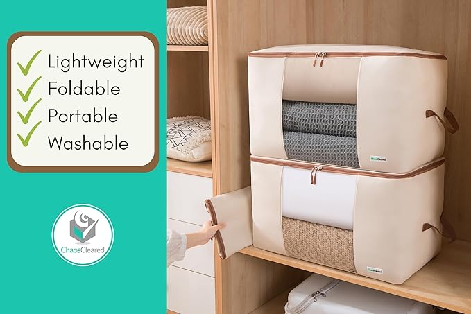 Chaos Cleared Canvas Storage Bags Designer Organizer for Comforters 2 Pack – Seasonal Storage for Pillows, Blankets, Linens & Garments – Foldable Design with Zip & Window, Moth-Proof Space Saver