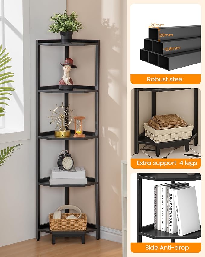 Corner Shelf Stand, Corner Bookshelf, Storage Standing Shelf Unit with Metal Frame, Plant Stand, Bookcase for Living Room, Home Office, Bedroom, 5-Tier Black CS05906B