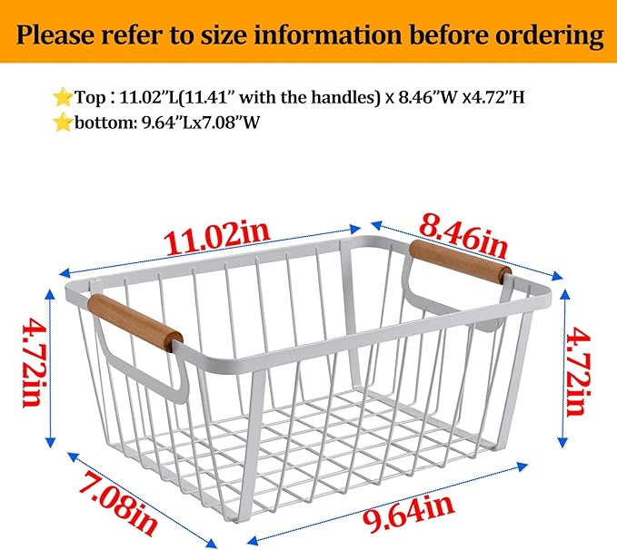 LeleCAT White wire baskets for organizing with Wooden Handle ,Metal Wire Storage Baskets Country Vintage Style Snack Baskets. pantry organizers and storage，Kitchen,Bedroom,Bathroom,White,Set of 2