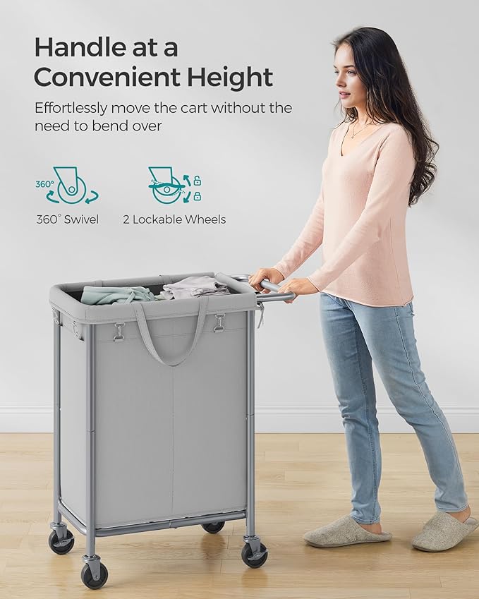 SONGMICS Laundry Basket with Wheels, 2-Section Rolling Laundry Hamper, 37 Gallons (140 L), Removable Liner, Steel Frame with Handle, 27.2 x 15.4 x 31.9 Inches, Dove Gray URLS004G01