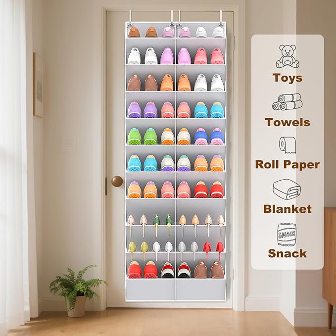 20-30 Pairs Over the Door Shoe Organizer, Clear Pockets Hanging Shoe Storage for Closet, 10-Tier Door Shoes Rack, Handing Shoes Holder Fit All the Family's Sneakers, Boots, Heels, Light Grey