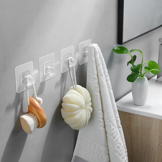 DELITON 10 Pack Adhesive Towel Hooks, Coat Hooks Stick on Wall Hanging Robes Clothes Towels for Bathroom Kitchen, Clear