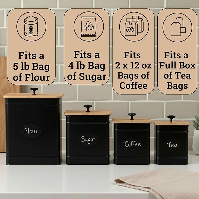 Kitchen Canisters for Countertop Set of 4 with Customizable Chalkboard Labels & Marker Pen - Big Iron Kitchen Canisters with Airtight Lids - Black Canister Set - Flour and Sugar Containers Farmhouse