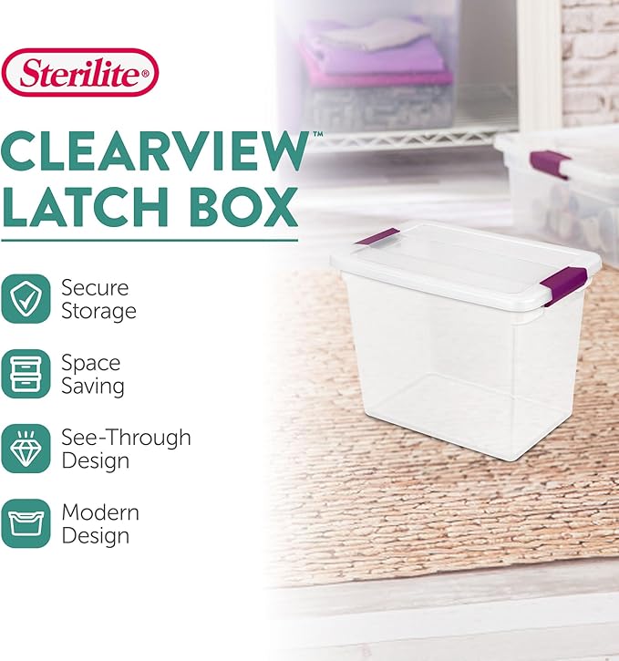 Sterilite 24-Pack 27 Quart ClearView Latch Box, Stackable Organizer Bins with Latching Lids - Clear Plastic Organization Containers for Closet, Bedroom, Shelving Units and Everyday Home Storage