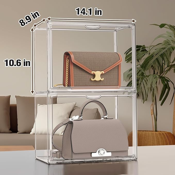 EDS FAM 1 Pack Size 14 Acrylic Boot Shoe Box, X-Large Handbag Organizer Clear Storage Bins with Magnetic Lid Acrylic Display Case for Shoes, Book, Cosmetic, Figures, Collectibles, Purse