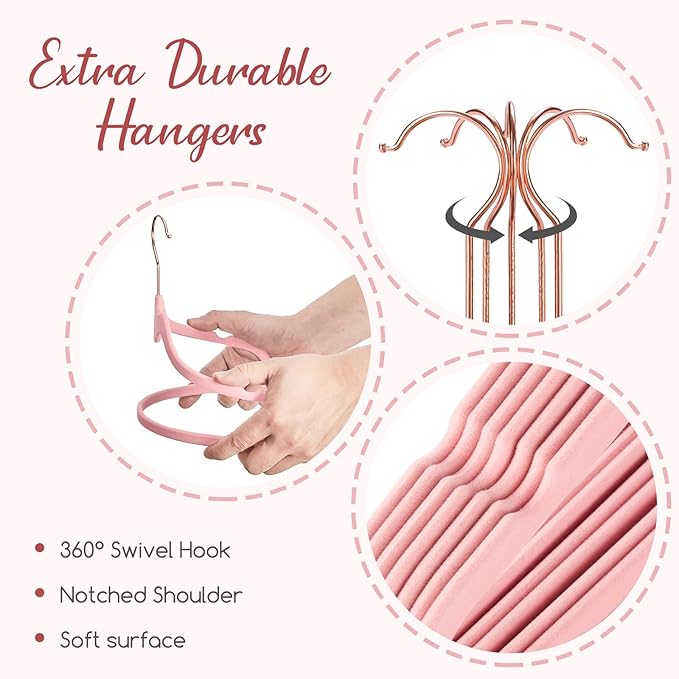 HOUSE DAY Pink Velvet Hangers 60 Pack, Non Slip Flocked Felt Hangers, Sturdy Velvet Clothes Hanger, Cute Heart Heavy Duty Coat Hanger, Ultra Slim Pink for Closet Space Saving