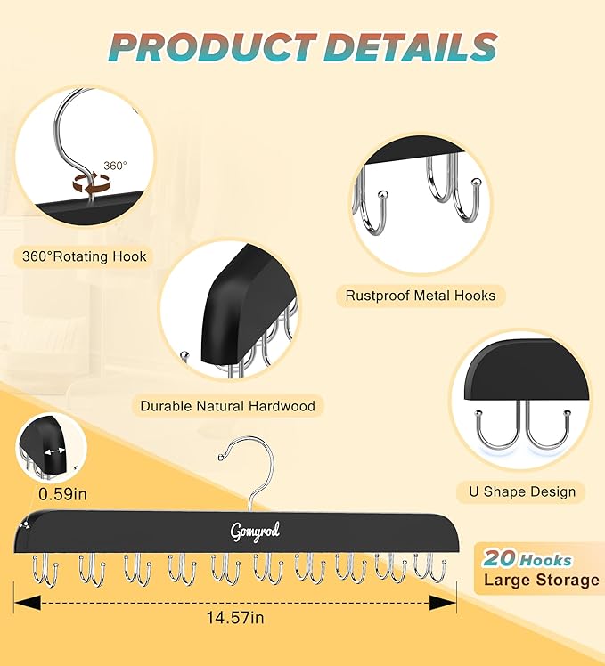 Bra Hanger for Closet, 1 Pack Tank Top Hanger w/20 Hooks Capacity Foldable Wood Space Saving Hangers, 360°Rotating Closet Organizers and Storage for Dorm & Apartment for Bra Scarf Ties(Black)