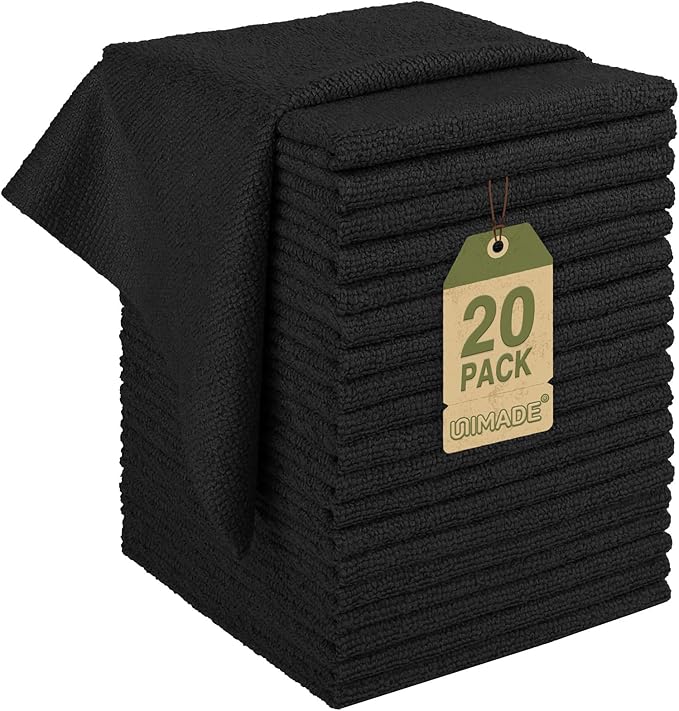 Microfiber Cleaning Cloth, 20 Pack Reusable Microfiber Towels for Cars Lint Free Cleaning Shop Towel Rags for Home Kitchen Automotive Bar Mechanic Restaurant Garage, 11.5"x 11.5", Black