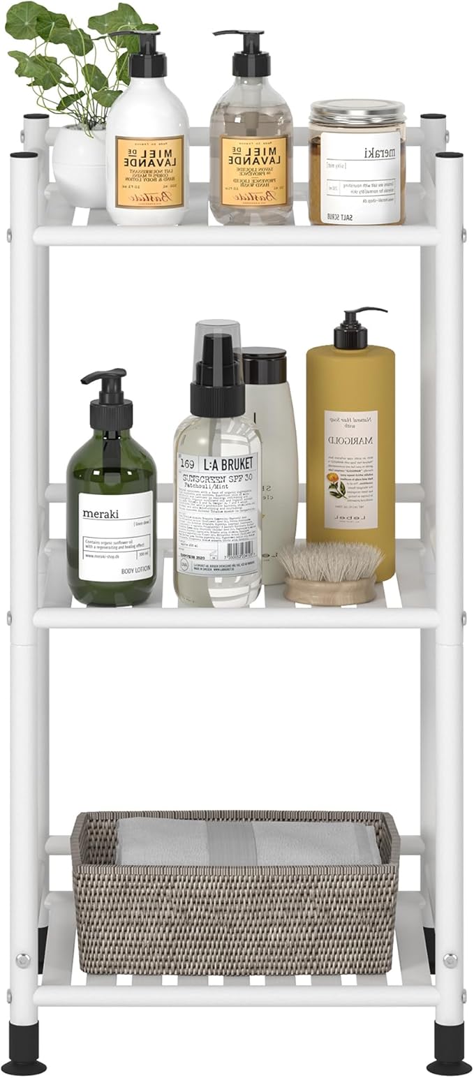 3 Tier Bathroom Storage Open Shelf Unit, Free-Standing Metal Corner Rack Shelving for Kitchen, Living Room, Hallway (Matte White, 3 Tier)