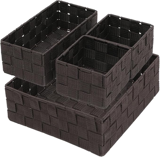 Storage Bins Woven Organizer Set of 4 – Polypropylene Storage Baskets with Metal Frame, Stackable Fabric Boxes for Drawers, Closet, Shelf, Nursery and Office, Brown