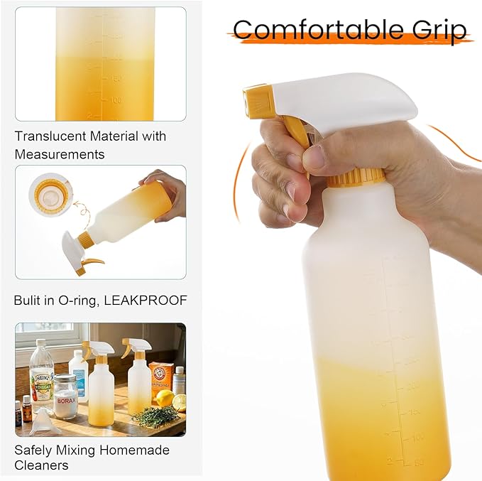 Spray Bottles 16.9oz HDPE Spray Bottle for Hair Mist/Stream Empty Heavy Duty Refillable Containers for Cleaning Solutions, Plants, Vinegar 2 Pack (Yellow, 16.9oz)