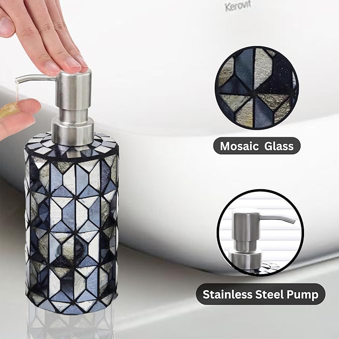 Escenzy Modern Black Gold Bathroom Accessories Sets 4 Pcs | Luxurious Soap Dispenser, Toothbrush Holder, Cotton Glass Jar, Small Tray | Black Gold Bathroom Decor | Mosaic Glass Bathroom Accessories