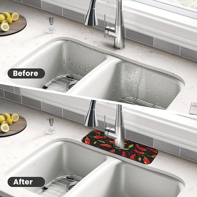 Faucet Draining Mat For Kitchen Sink, Red Chili Pepper Diatom Mud Absorbent Drain Pad For Bathroom Kitchen Sink Splash Guard Drying Mat