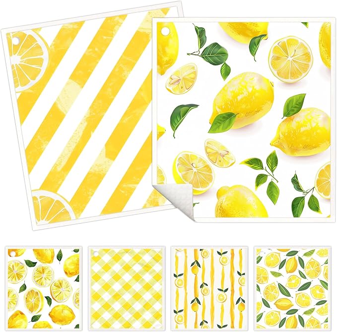 6 Pack Swedish Dishcloths for Kitchen - Reusable Dish Paper Towels Wash Cloths Washable,Absorbent Cellulose Cleaning Sponge Cloth Wipes Quick Dry, Decorative Tea Towels,No Odor Biodegradable(Lemon)