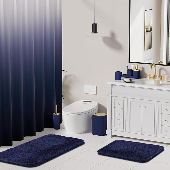 Bathroom Set - Navy Blue Bathroom Sets with Shower Curtain and Rugs, 24PCS Shower Curtain Set with Hooks, Soap Dispenser, Soap Dish, Toilet Brush Holder and Trash Can for Housewarming