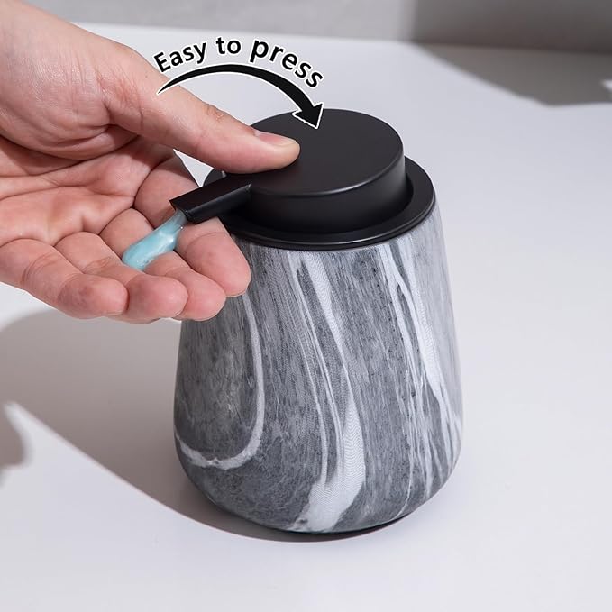 12Oz Ceramic Liquid Soap Dispenser - Modern Lotion Hand Soap Dispenser with Easy-to-Press Black Pump, Reusable and Refillable Dish Soap Dispensers for Bathroom & Kitchen, Marble Grey
