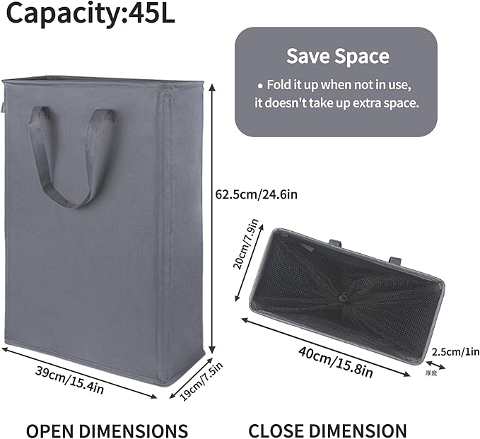 Odonata Slim Laundry Hamper Handles Collapsible Laundry Basket Thin Dirty Clothes Basket Narrow Laundry Bag Foldable Dirty Hamper 45L (Dark Grey)