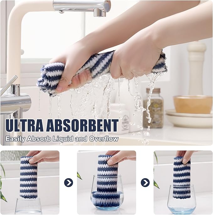 Homaxy Kitchen Towels(12 Pack, 10 x 20 inches), Ultra Soft and Absorbent Dish Towels, Reusable Fast Drying Microfiber Cleaning Cloth, Coral Velvet Wave Design No-lint, Navy Blue