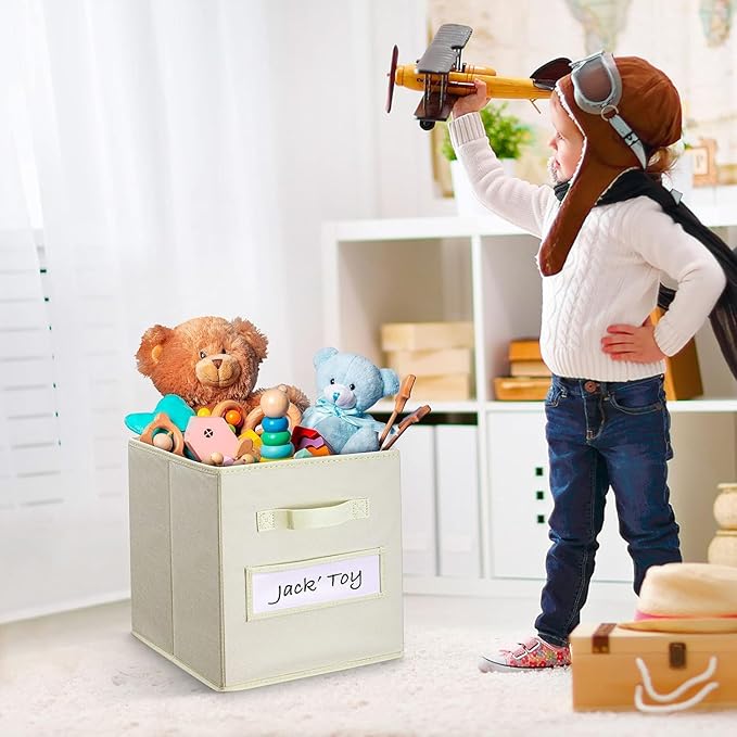 artsdi 13x13x13 storage cube bins (Set of 10) Fabric storage cubes with 10 Labels Window Cards & a Pen, storage cubes 13x13, Collapsible 13 inch cube storage bins, Cubby Organizer Boxes, Beige