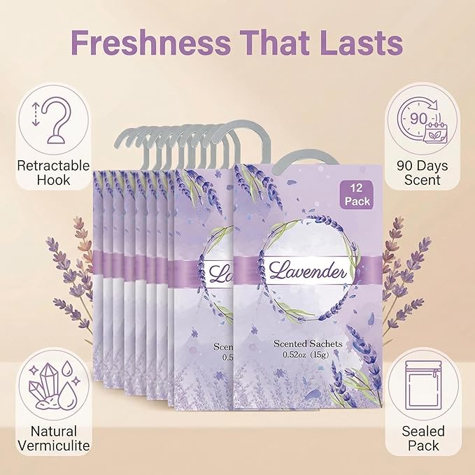 12 Packs Lavender Hanging Scented Sachets for Drawers and Closets with Retractable Hook| Long-Lasting Closet Air Freshener & Closet Deodorizer | Closet Scent Freshener (Lavender)