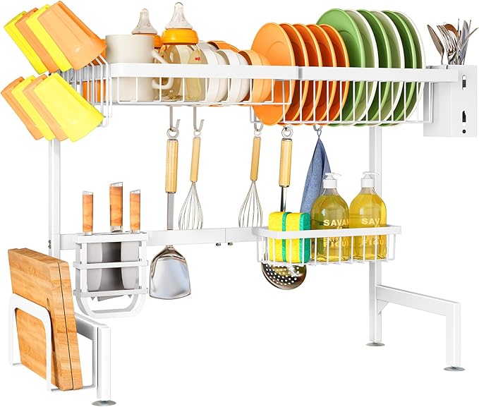 SNTD Over The Sink Dish Drying Rack - Adjustable Dish Rack for Kitchen Counter, Metal (White)