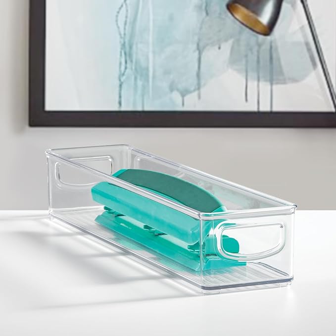 iDesign Slim Clear Plastic Storage Bin, Extra Long Narrow Stackable Organizer for Kitchen and Pantry, 4-Pack