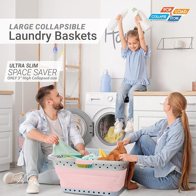 Pop & Load Collapse & Store 1 Large 25" Slim Collapsible Plastic Laundry Basket, Space Saving Portable Pop Up Storage & Organization Basket, 3" High When Folded, 3 Comfort Grip Handles, Blush Pink