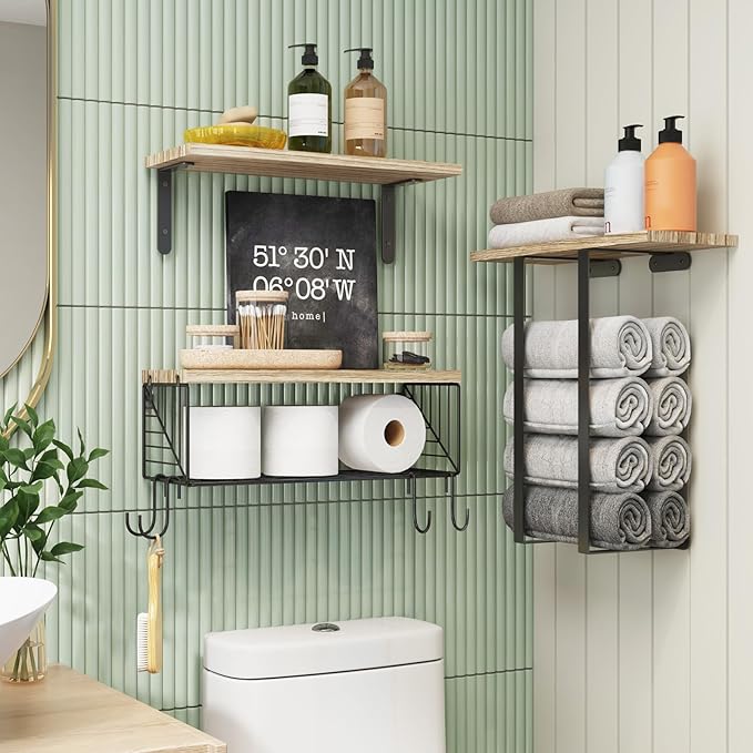 Fixwal Bathroom Floating Shelves Over Toilet Wall Shelves Set with Towel Storage Rack for Bathroom Organization & Wall Decor(Rustic Brown)