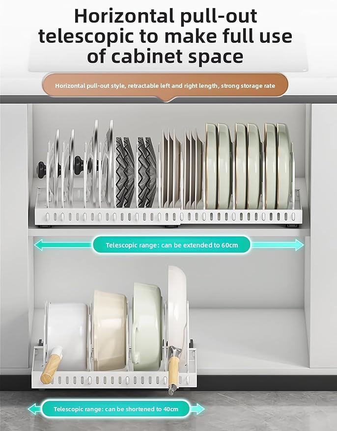 pots and pans organizer under cabinet,pot lid organizers inside cabinet holders for kitchen,Horizontal and vertical pulling modes,Can be extended and adjusted (Black horizontal pull-out)