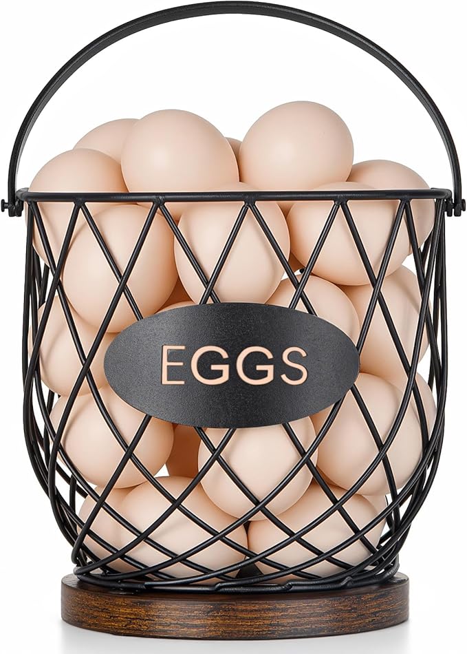 Chicken Egg Basket for Gathering Fresh Eggs with Metal Handle, Wire Egg Collecting Basket with Wooden Base, Round Egg Holder Countertop, Vintage Rustic Farmhouse Kitchen Decor Fruit Storage
