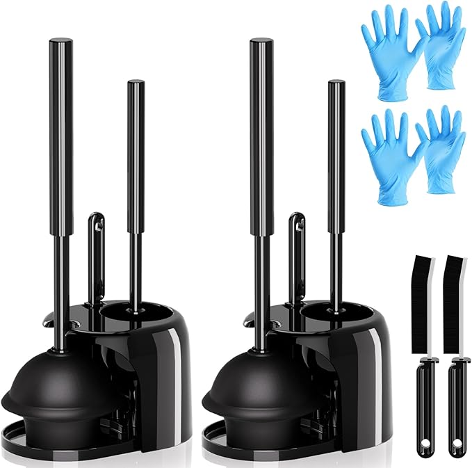 2 Pack 4 in 1 Toilet Brush and Plunger Set with Crevice Cleaning Brush, Toilet Plunger and Brush Set with Extra Long Handle, Plungers for Bathroom Accessories, Toilet Plunger with Holder, Black, Pack