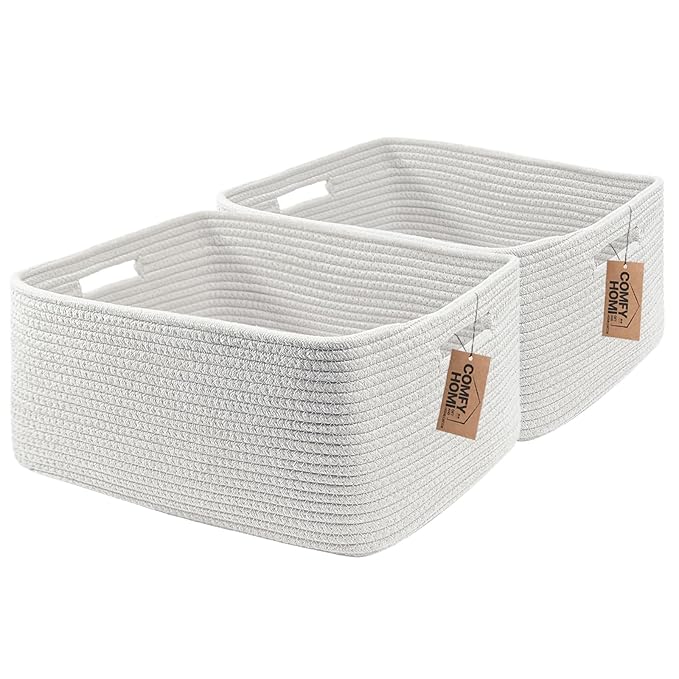 COMFY-HOMI 2 pcs Large Storage Baskets for Shelves, Laundry Basket, Woven Rope Basket, Closet Organizer Bins for Clothes Blanket Towels, Baby Nursery, Gift Toy Baskets, 17” x 13” x 7.5”-White