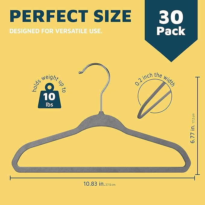 Gray Velvet Kids Hangers 30 Pack, 10.83" Non-Slip Baby & Toddler Hangers for Clothes, Space-Saving Slim ABS Plastic with 360° Swivel Hook & Notched Shoulders, Up to 10 lb Capacity