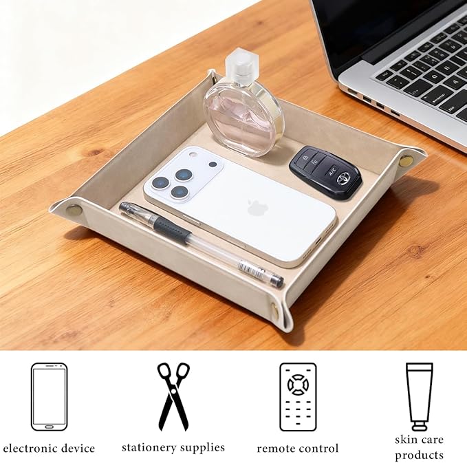 WAYIFON Valet Tray Desktop Storage Organizer – Premium PU Leather Catchall Bedside Vanity Tray Nightstand Caddy Holder for Remote Controller, Keys, Phone, Wallet, Coin, Jewelry,Apricot