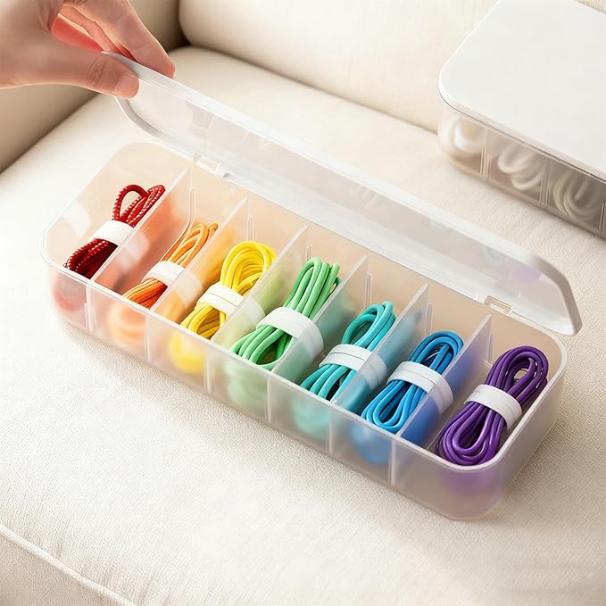 Cord Organizer Box with Lid, 7 Compartment Cable Management with 7 Wire Ties, Dustproof Cable Storage Box for Office & Home, Wire Hider for Computer Desk, Charger Cables, Power Cords (1pack)