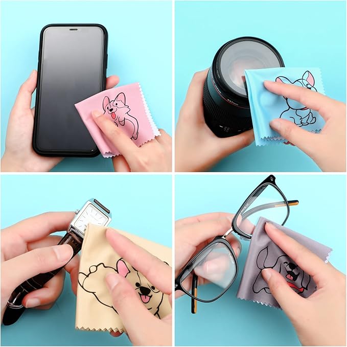 WILLBOND 20 Pcs Microfiber Cleaning Cloth Cute Dog Design Microfiber Cloth Soft Multicolor Glasses Cleaner Cloth for Eyeglasses Camera Lens Cell Phone Screens Glasses, 6 x 6 Inches