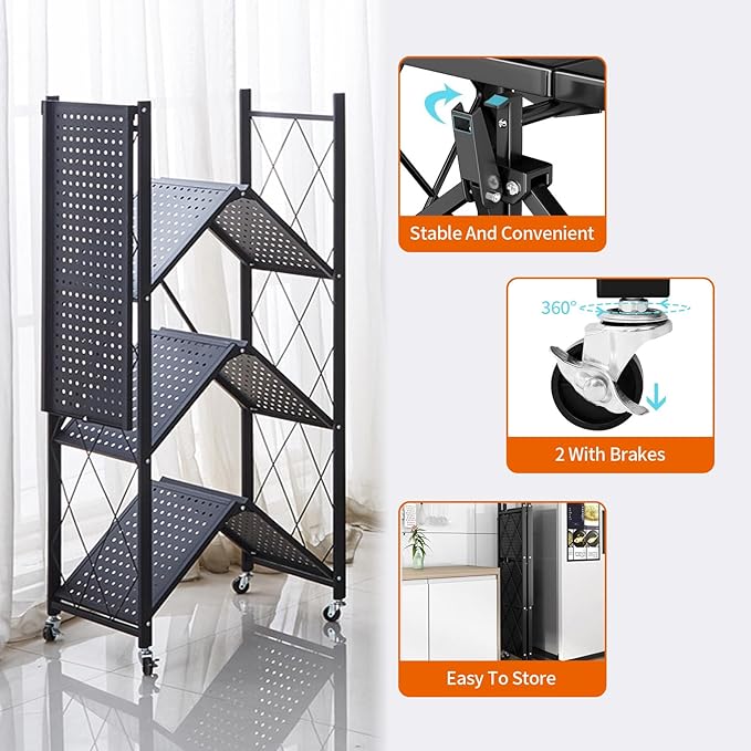 5-Tier Heavy Duty Foldable Metal Rack Storage Shelving Units 28" W x 14" D x 65" H for Kitchen Bakers Closet, Metal Wire,with Wheels Moving Easily