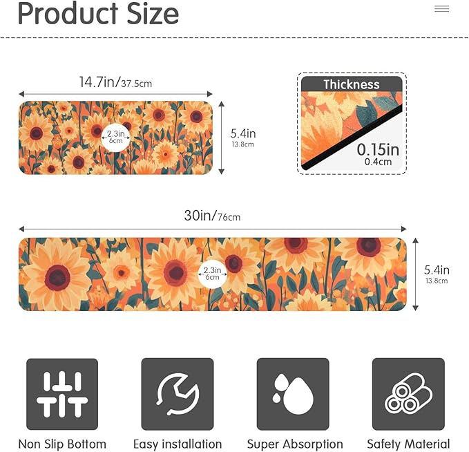 Kitchen Sink Splash Guard 1 PC 30 Inch Sink Faucet Mat Splash Guard for Bathroom Countertop Water Absorbent Foldable Cuttable Soft Washable Orange Sunflowers and Poppy Flowers