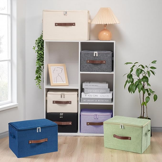 Storage Bins with Zipper Lid Foldable Fabric Lidded Storage Boxes Baskets Cubes Washable Collapsible PU Leather Handle Cotton Linen Shelves Closet Organizer Container(Purple, Small Size)