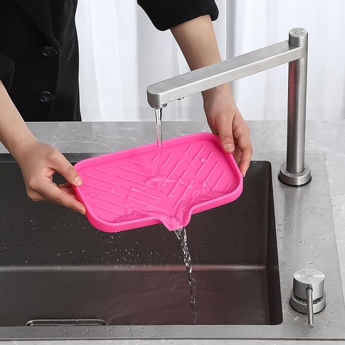 MicoYang Silicone Bathroom Soap Dishes with Drain Spout-Bathroom and Kitchen Sink Organizer,Sponge Holder,Dish Soap Tray,Perfect for Dispenser,Scrubber,Bottle,Cup on Sink or Counter-Rose 9.6"×5.3"