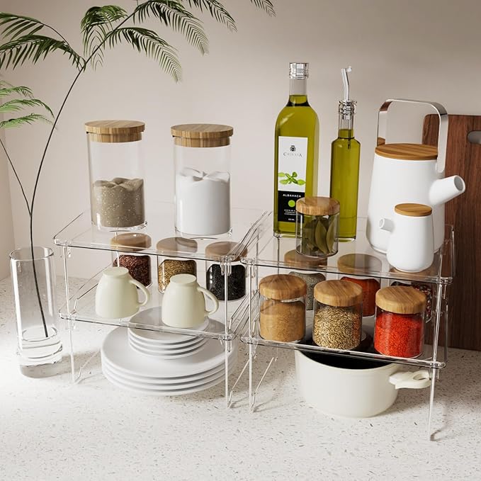 2 Pcs Cabinet Organizer Shelf, Stackable Kitchen Counter Shelves, Spice Rack,Countertop Organizers, Clear Plastic Storage Shelves Rack for Makeup,Bathroom,Cupboard,Desk,Pantry Organization