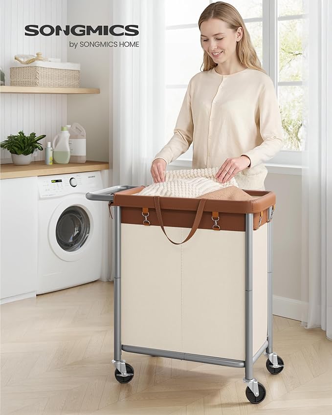 SONGMICS Laundry Basket with Wheels, 2-Section Rolling Laundry Hamper, 37 Gallons (140 L), Removable Liner, Steel Frame with Handle, 27.2 x 15.4 x 31.9 Inches, Coffee Brown and Cream White URLS004KQ02