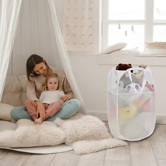 TECHMILLY Pop Up Foldable Laundry Basket, Mesh Laundry Hamper with Reinforced Handles for Dirty Clothes Storage in Dorm, Laundry Room, Bathroom, White(Fabric)
