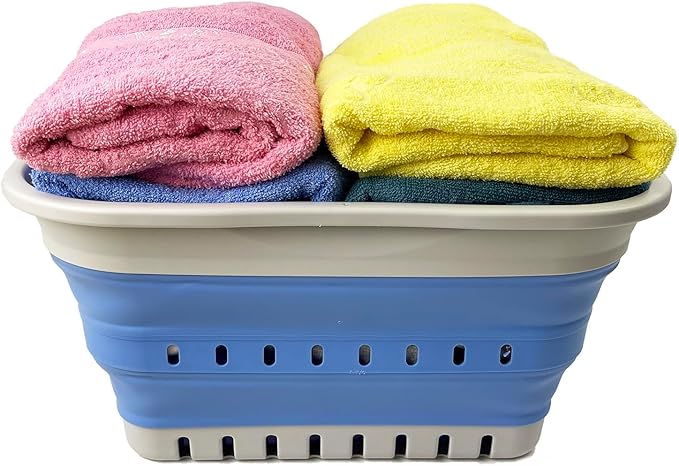 SAMMART Collapsible Plastic Rectangular Laundry Basket - Foldable Pop Up Storage Container/Organizer - Portable Laundry Hamper - Space Saving (Grey/Little Boy Blue, 19L)