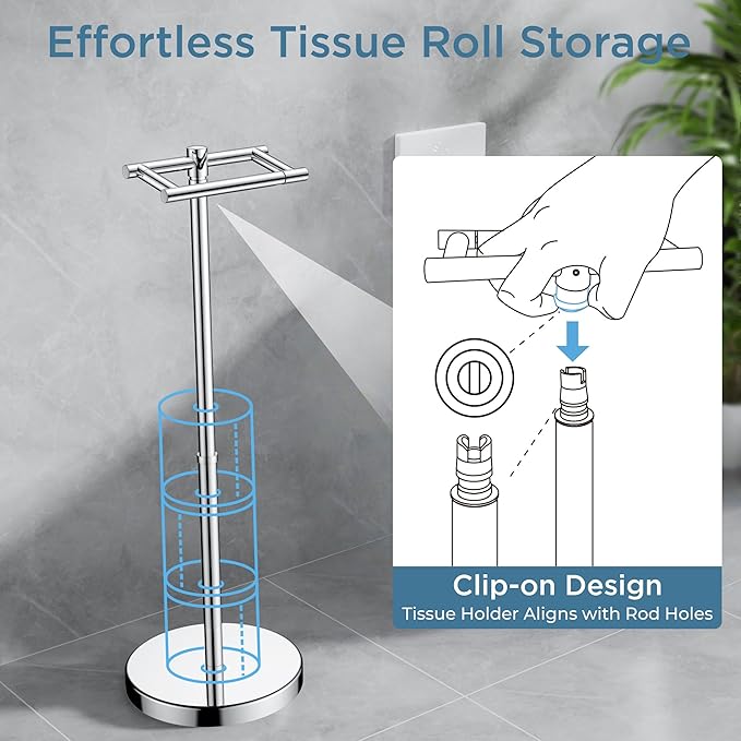Toilet Paper Holder Stand Adjustable, Freestanding Tissue Roll Holder for Bathroom, Pivoting Design, Durable SUS 304 Stainless Steel and Weighted Base Toilet Paper Stand, Storage (Chrome)