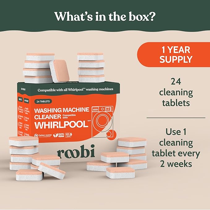 Roobi Washing Machine Cleaner Tablets. Compatible with Whirlpool and All Washing Machine Brands and Models. Septic Safe Deep Clean Formula. Carbon-Neutral 24-Pack Cleaning Tablets.